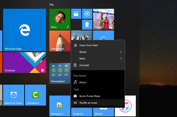 Windows 10 Store iTunes Start Menu Options