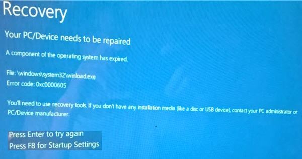 A component of the operating system has expired winload exe 0xc0000605 - 53