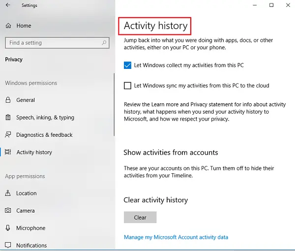 Activity history