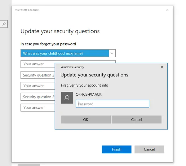 Confirm Account when updating security questions for local account