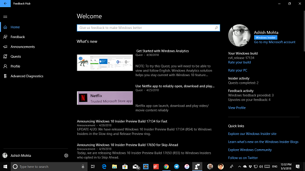 complain about or send feedback to Microsoft about Windows 10