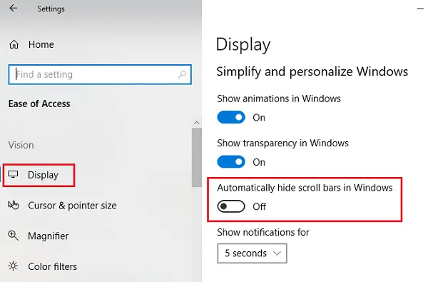 Keep Scrollbars always visible in Windows 10