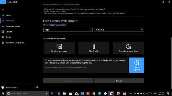 Send Screen recording using Feedback Hub in Windows 10