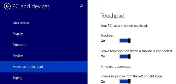 Windows 8.1 Touchpad Settings
