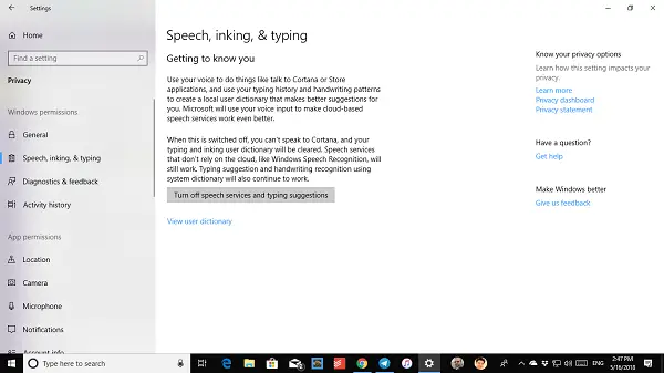 Turn off Speech Inking Typing Windows 10