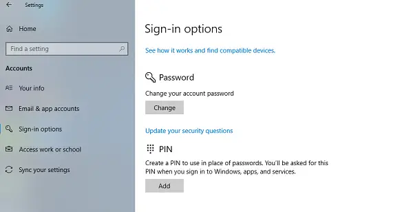 Update Security Questions in Windows 10 Local Account