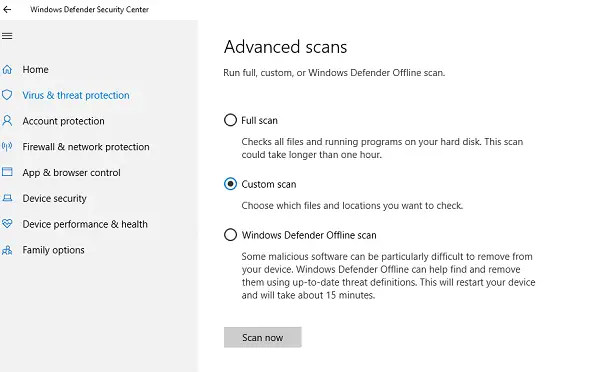 Windows Defender Custom Scan Offline Scan