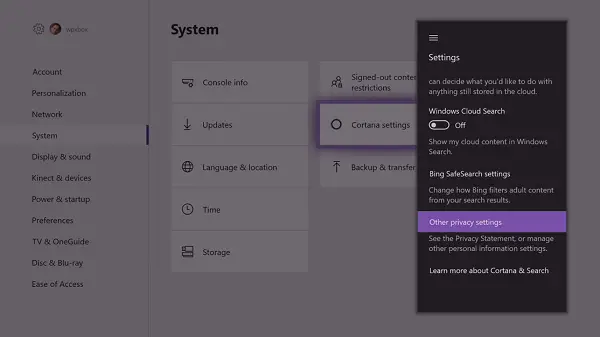 Cortana Settings on Xbox One