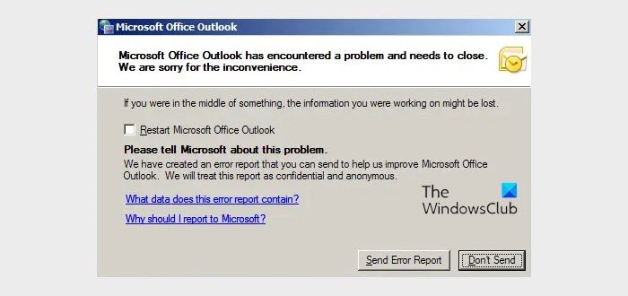 Outlook has encountered a problem and needs to close