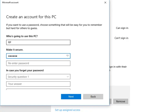skip security questions when setting up a local user account