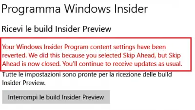 Your Windows Insider Program content settings have been reverted