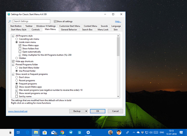 Classic Start menu Settings