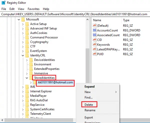 Delete account from registry editor