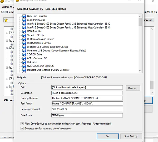 Driver backup Options during Backup