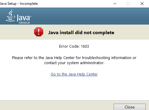 Java Update Install did not complete - Error Code 1603