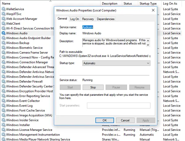 Restart Audio Services in Windows 10