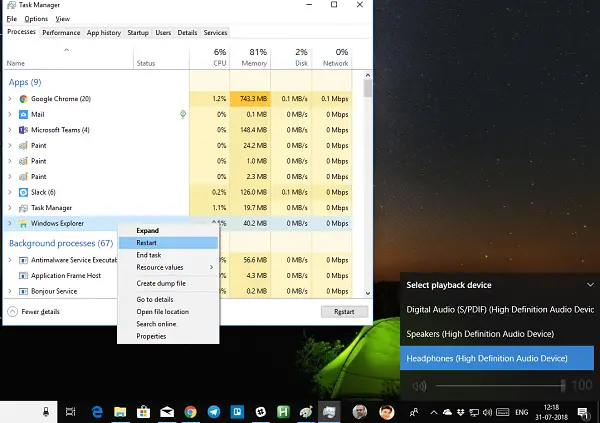 Restart Windows Explorer for Audio