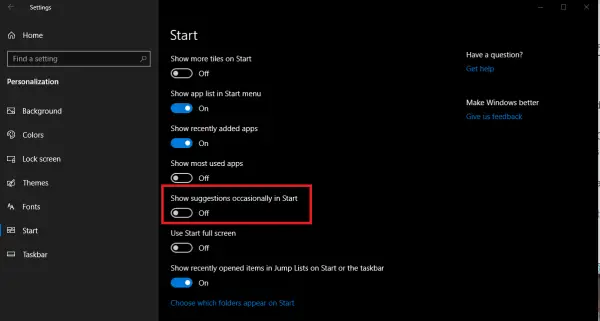 Start menu settings