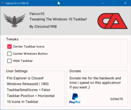 center taskbar icons in Windows 10