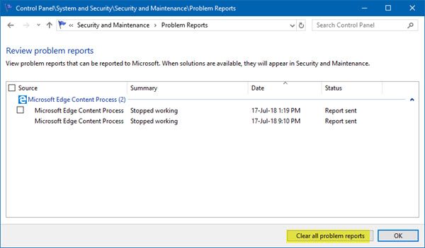 clear Problem Reports in Windows 10