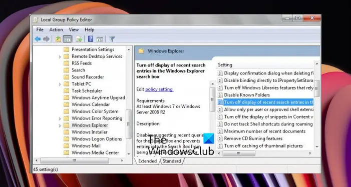 disable Recent Search Suggestions in Windows Explorer