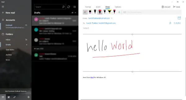 Draw in Windows 10 Mail