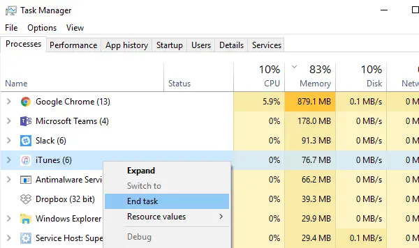 Kill iTunes from Task Manager
