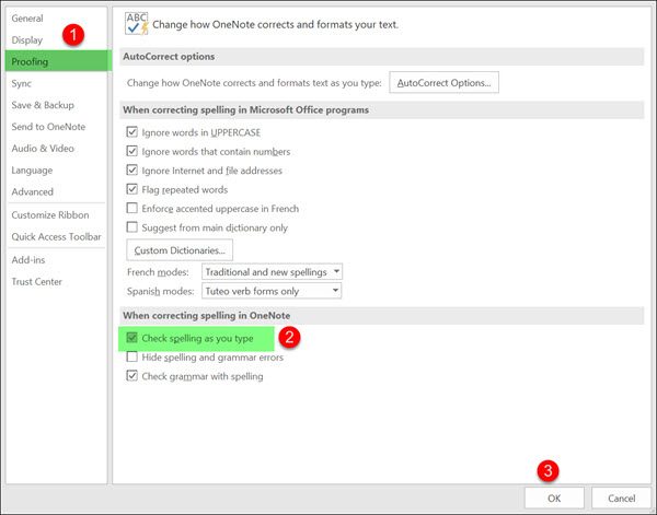 How to disable Spell Check in OneNote on Windows 10