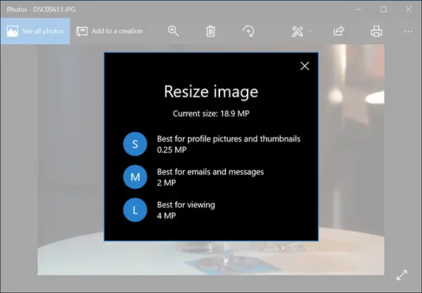 resize images using Windows 10 Photos App