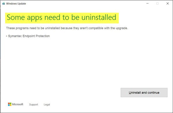 Some apps need to be uninstalled Windows Update error