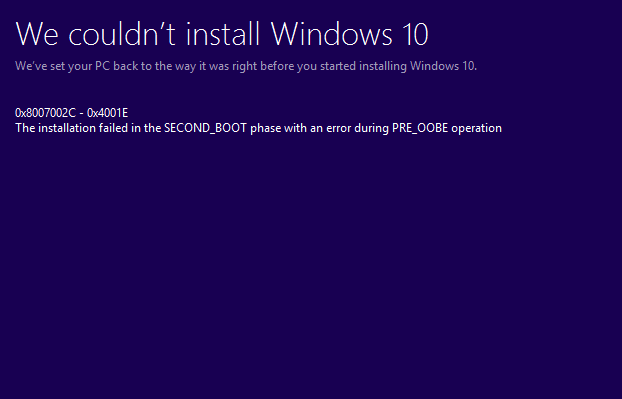 Windows 10 Error Code 0x8007002C-0x4001E
