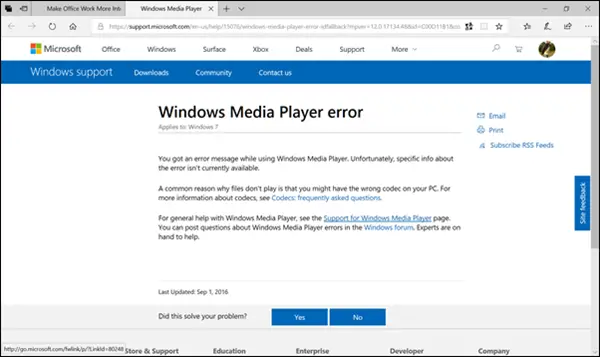 Windows Media Player Encountered a problem while playing the file