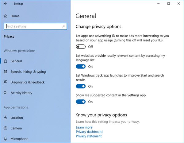 turn off ads in settings windows 10