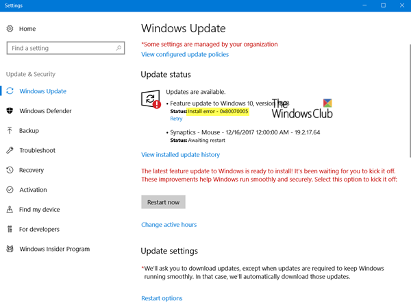 Windows Update Install error 0x80070005