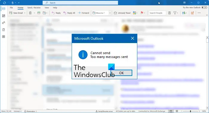 Too many messages sent error in Outlook
