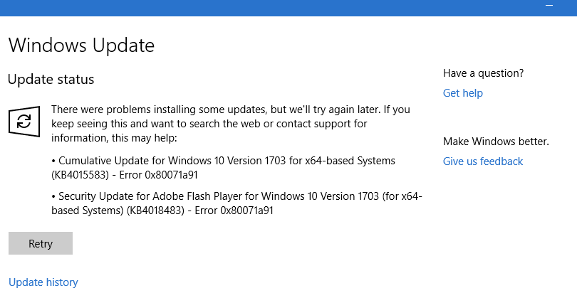 Windows Update error 0x80071a91