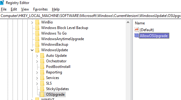 Allow OS Upgrade Registry Key for Windows 10