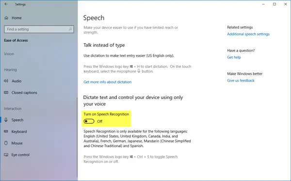 Disable Speech Recognition in Windows 10