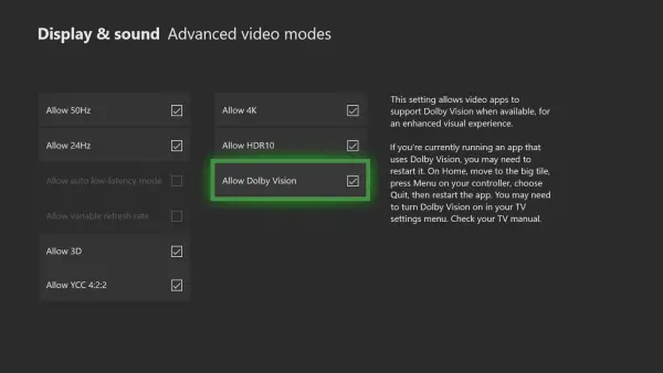 enable Dolby Vision on Xbox