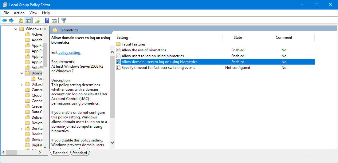 Enable Domain Users Sign in using Biometrics