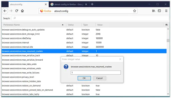 Disable Session Restore Crash Recovery in Firefox