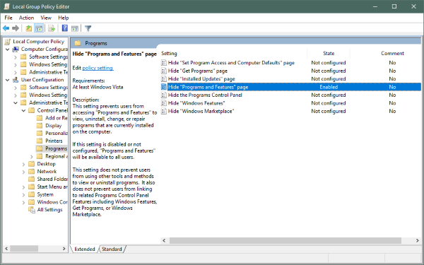 hide Programs from Control Panel