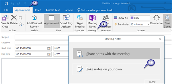 Making notes in OneNote for a scheduled Outlook meeting or Skype for Business