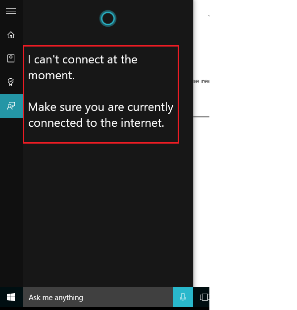 Cortana not connecting to the Internet