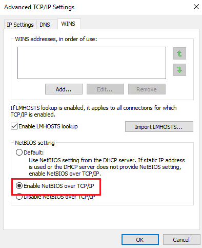 Enable NetBIOS over TCP/IP