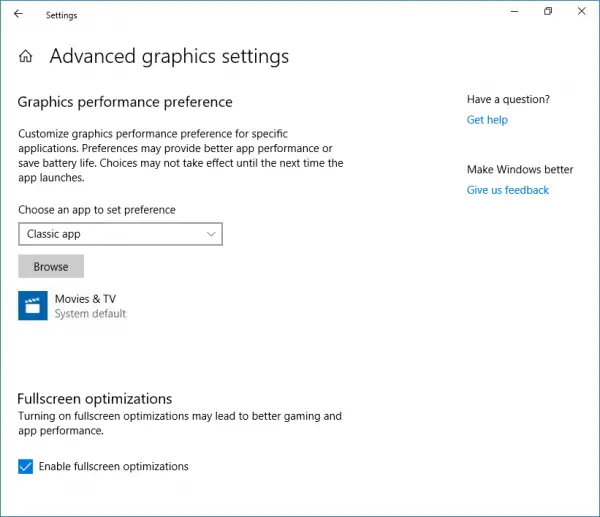 Enable or disable Full-screen optimizations on Windows 10