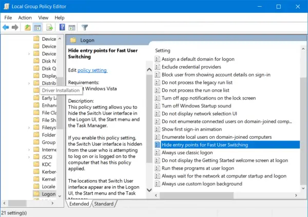 Enable or Disable Fast User Switching in Windows 10