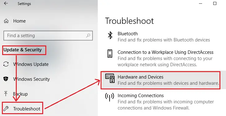 Hardware and Devices troubleshooter