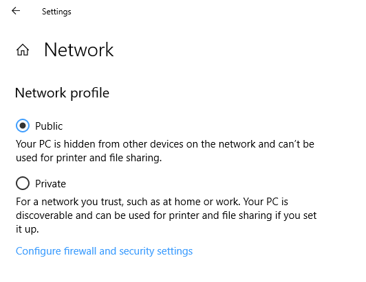 Option to change Network from Public to Private missing in Windows 10