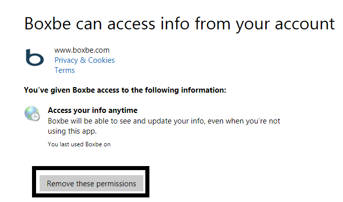 Remove access of Boxbe from Outlook 